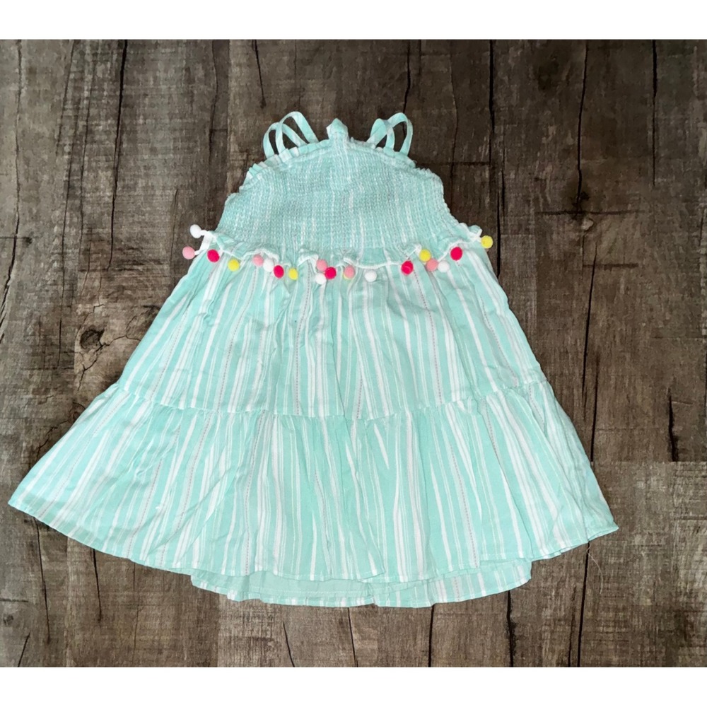 Tahari Girls Mint Green Striped‎ Pom Pom Smocked Tiered Sun Dress 4T